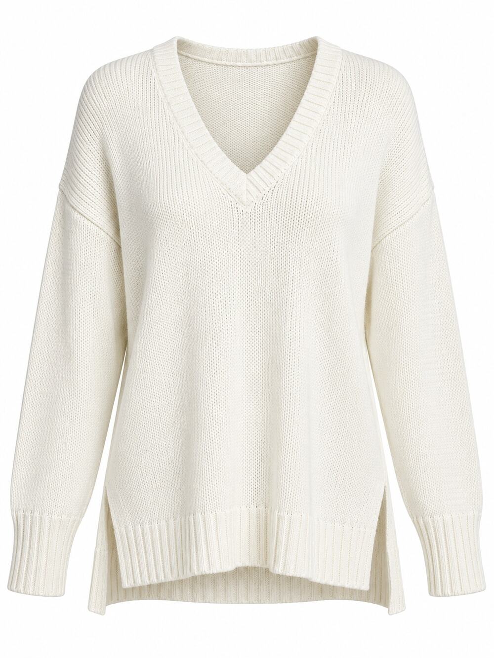 LOFT Ivory V-Neck Relaxed Knit Ramie Cotton Blend Sweater - Size M